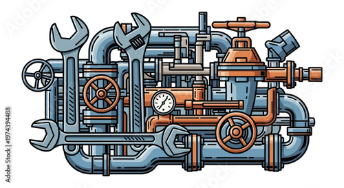 Intricate industrial plumbing system with pipes, valves, gauges, wrenches