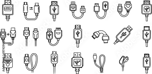 Technology Icons: USB and HDMI Cable Connectors in Black and White Line Art