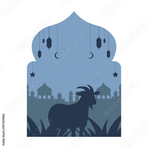 Isolated illustration of dome frame with mosque building silhouette background, lantern and goat silhouette for Eid al-Adha themed icon and background.