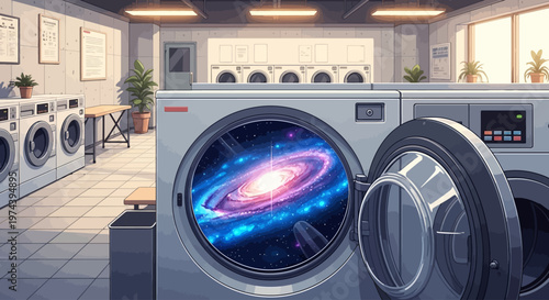 A surreal scene unfolds in a modern laundromat as a washing machine reveals a vibrant galaxy inside its drum, surrounded by industrial appliances and decor.