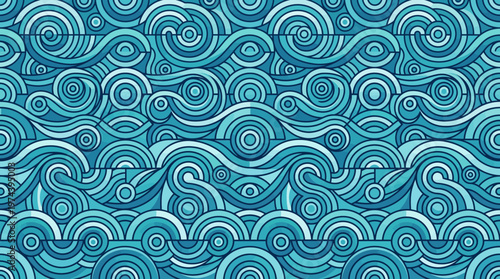 Geometric wave pattern with blue circular swirls and oceanic abstract ripples