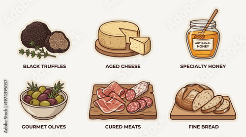 Gourmet food icons set featuring black truffles aged cheese artisanal honey and cured meats