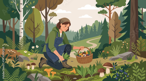 Woman forager gathering wild mushrooms and herbs in lush forest illustration