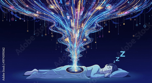 A person sleeps peacefully as vibrant dreamlike streams of light and color burst from their head.