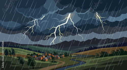 Thunderstorm landscape illustration with lightning bolts over rural village and valley