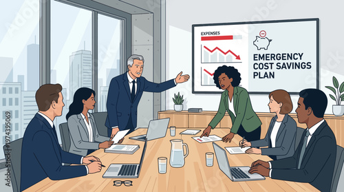 Corporate board meeting discussing emergency cost savings plan with executive team