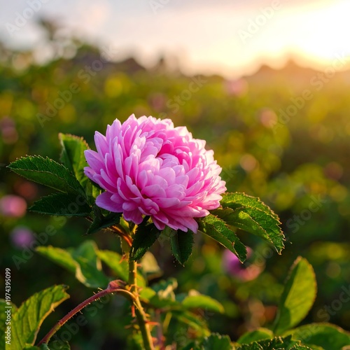 Close-up of a vibrant pink flower with many petals, set against a blurred green field, golden sunset creating warm glow