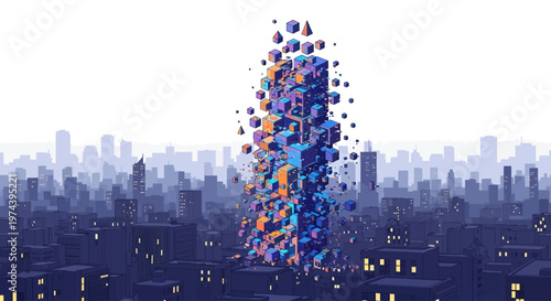 Vibrant multicolored shapes erupt in a cityscape at dusk with buildings and lights.