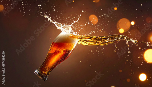 Beer splash glass foam droplets brown moody nightlife bar alcohol celebration create dynamic scene with beer pouring mid air illuminated by warm bokeh lights evoking excitement