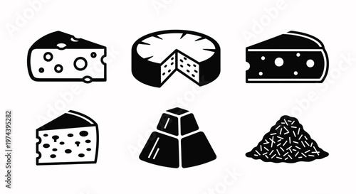 Six black cheese icons on white background food dairy