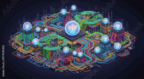 Neon lit circuit board with glowing orbs and colorful wires in Technology Lab