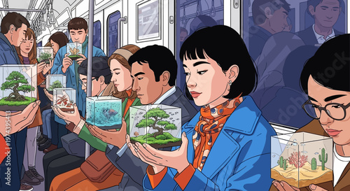 People on a train holding and admiring small potted trees and plants in containers.