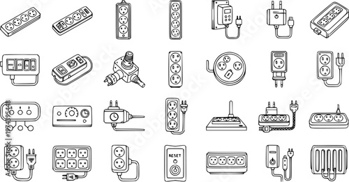 Electrical Plugs, Sockets, Power Strips, and Outlets Line Art Icons Set. Hand-Drawn Black and White Vector Collection for Home Technology Devices.