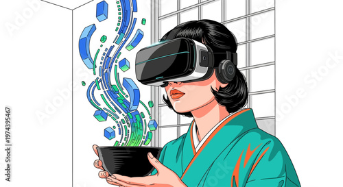 Woman wearing VR headset experiences virtual reality in modern room.