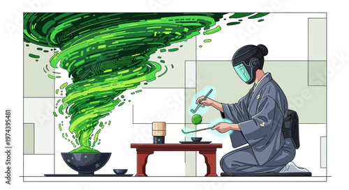 Person in traditional attire preparing green tea near swirling green liquid.