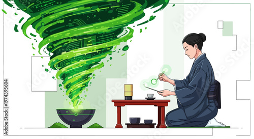 Woman in blue kimono sits at table as green tornado swirls tea