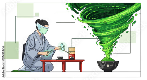 Man in lab coat mixes green liquid in bowl at table