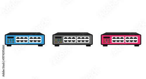 Three different colored network switches with multiple ports arranged in a row on a white background