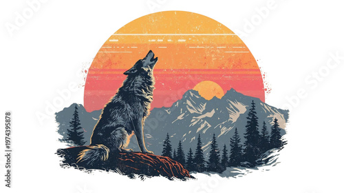 Wolf Howling at Sunset in Mountain Wilderness with Pine Forest Illustration