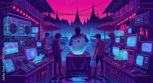 People gather around a computer in a futuristic neon-lit market with various screens.