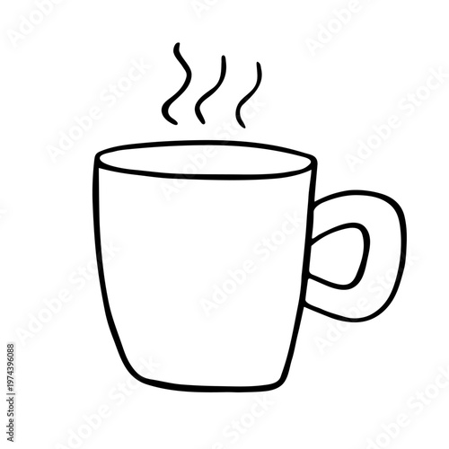 Coffee doodle mug, steaming dolce vita hot drink mug nice mood beverage. Simple hand drawn morning routine design, cafe minimalist decoration sketch icon, caffeine symbol. Isolated. Vector