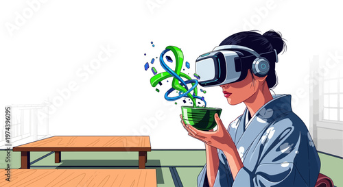 Woman wearing VR headset holds green pot with colorful plant in living room.