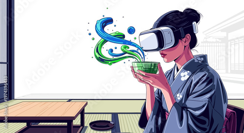 Woman wearing VR headset experiences virtual reality in traditional Japanese room with green tea