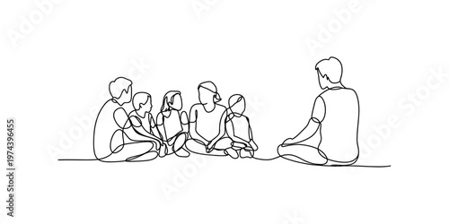A single continuous line drawing of a person sitting and telling a story to a group of children Vector, illustration