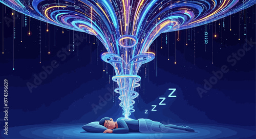 A person sleeps peacefully as vibrant dream swirls rise from their head