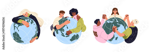 People care about Earth concept set. Kids hug globe of world, cuddle planet, hold hands together. Children rescue ecology, save environment, protect nature. Flat isolated vector illustration on white