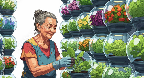 Woman tenderly holds a lush green plant in a vibrant indoor garden filled with colorful flowers and lush foliage.