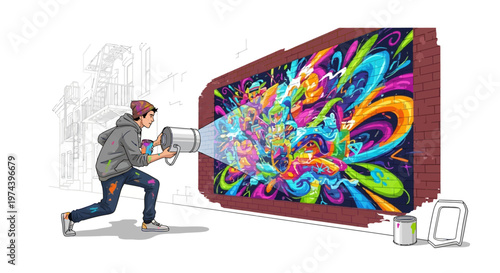 A person spray painting a vibrant graffiti artwork on a brick wall outdoors.