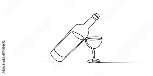A single continuous line drawing featuring a slanted wine bottle next to a stemmed wine glass art Vector, illustration