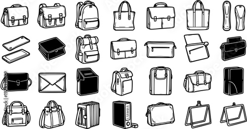 Black and White Line Art Icons of Bags and Briefcases, Technology Accessories, Vector Icons
