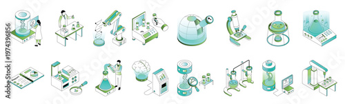 collection of science isometric style illustrations