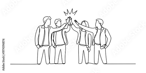 A single line drawing illustration of a group of four diverse people giving a high five together Vector, illustration