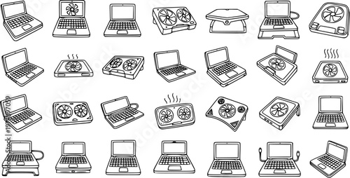 Black and White Line Art Icons of Laptop Computers and Cooling Pads, Technology Vector Graphics