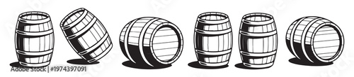 collection of wooden barrels in different positions
