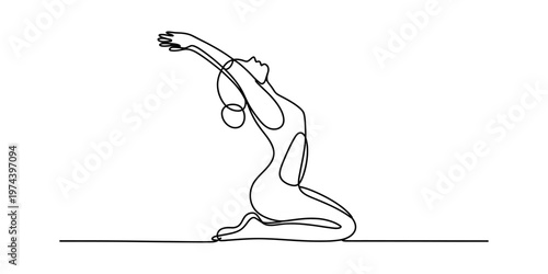 Minimalist one line drawing illustration of a woman practicing a relaxing yoga pose on the floor Vector, illustration