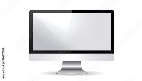 A front-facing computer monitor, showcasing a sleek design with a silver stand, black bezel, and blank white screen. Illustration on a white background