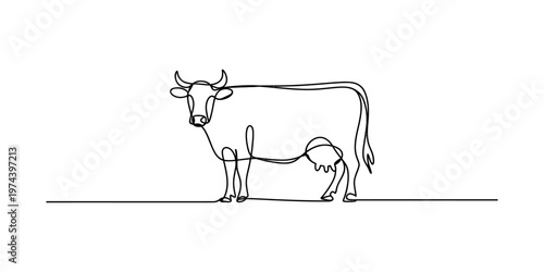 A minimalist single line drawing of a dairy cow standing on a flat ground against white background Vector, illustration