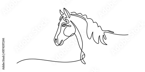 A minimalist single line drawing of a majestic horse head depicted in elegant black ink style. Vector, illustration