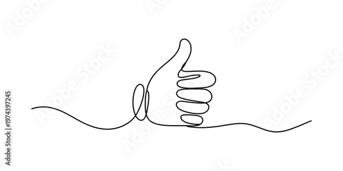 A single continuous line drawing of a thumbs up hand gesture representing approval and success Vector, illustration