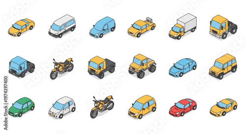 Colorful isometric vehicle icon set with varied cars.