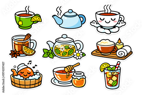 Variety of relaxing tea cups and teapots with citrus and herbs.