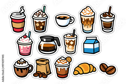 Various coffee drinks with pastries and cream stickers collection.