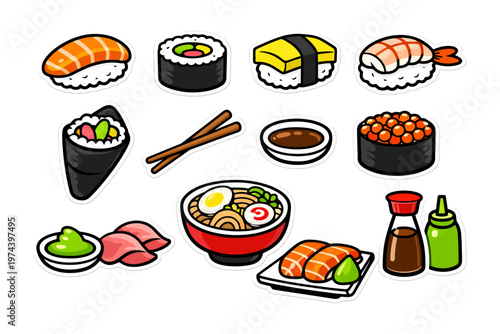 Variety of traditional japanese sushi and ramen with condiments.