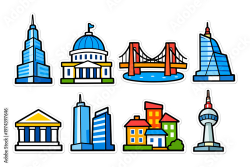 Cartoon landmark stickers featuring skyscrapers, bridges, and famous buildings.