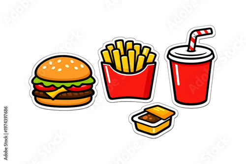 Cartoon fast food set with burger, fries, soda, and sauce.