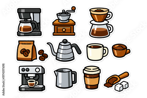 Coffee equipment and accessories set with grinder, dripper, espresso machine, mugs, and beans.